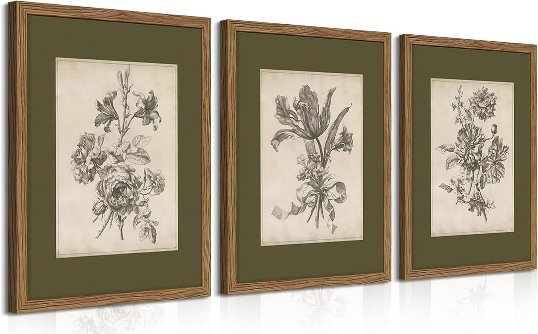 Vintage Floral Wall Art Set of 3, Sketch Sage Green Botanical Canvas Wall Decor Paintings, Retro Minimalist Flower Artwork Posters Prints Pictures for Living Room Bedroom Bathroom 16x24 Inch Framed