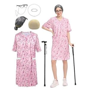 Cupohus Women's Old Lady Costume Kit, 100 Days of School Adult Granny Dress Cosplay, 8PCS Suit- Grandma Wig and wig Cap, Retro Glasses with chain, Faux Pearl Jewelry, Cane, Pink Floral Dress Suit, M
