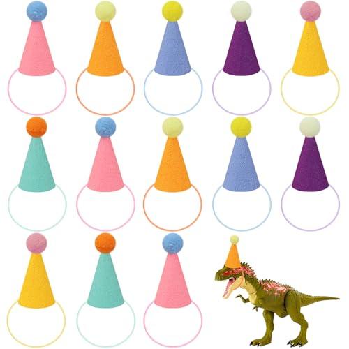 DRANSMIC 12 Pack Mini Party Hats for Stuffed Animals Figures, Tiny Finger Hats for Mini Toys Dinosaur Animal for Birthday Party Decoration Cake Toppers