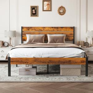Sweetcrispy Full Size Wood Bed Frame with Headboard, 800LBS Mattress Foundation, Sturdy Metal Support Under Bed Storage Bed Base, No Box Spring Needed, Easy Assembly