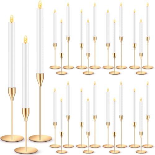 FillTouch 30 Pcs Gold Candlestick Holders with LED Flameless Candles Bulk Includes 15 Metal Candle Holders and 15 Battery Operated Candles for Wedding Table Centerpieces Home Decor