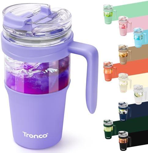 Tronco 32oz Glass Tumbler with Straw and Lid, Leakproof 2-in-1 Sip and Flip Straw Lid, Glass Water Bottles with Handle, Fit in Cup Holder, BPA Free, Dishwasher Safe (Purple)