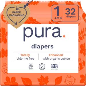 2 x Pura Hypoallergenic Diapers, Size 1 (4-11 lbs), Newborn, Totally Chlorine Free, Wetness Indicator, Suitable for Sensitive Skin, Soft Organic Cotton Comfort, Overnight, 1 Pack of 32 Baby Diapers