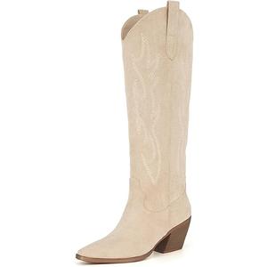 iiimmu Cowgirl Boots Women Knee High Boots Pointed Toe and Block Heel Cowboy Suede and Faux Leather Boots with Embroidered 8