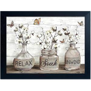 Bathroom Wall Art Farmhouse Wall Decor Cotton Flower Vase Canvas Art Vintage Butterfly Floral Glass Paintings Black Framed Pictures (14"L x 11"W, IK06)