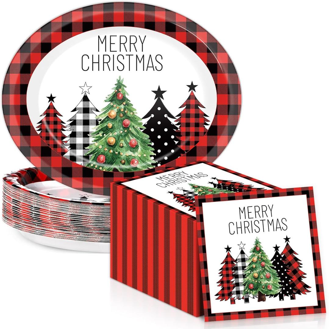 50Pcs Christmas Buffalo Plaid Tree Paper Oval Plates 11 Inch Red Black Checkered Plates and Napkins for Xmas Party Decoration Disposable Christmas Dish Tray Serve 25 for Holiday Winter Party Supplies