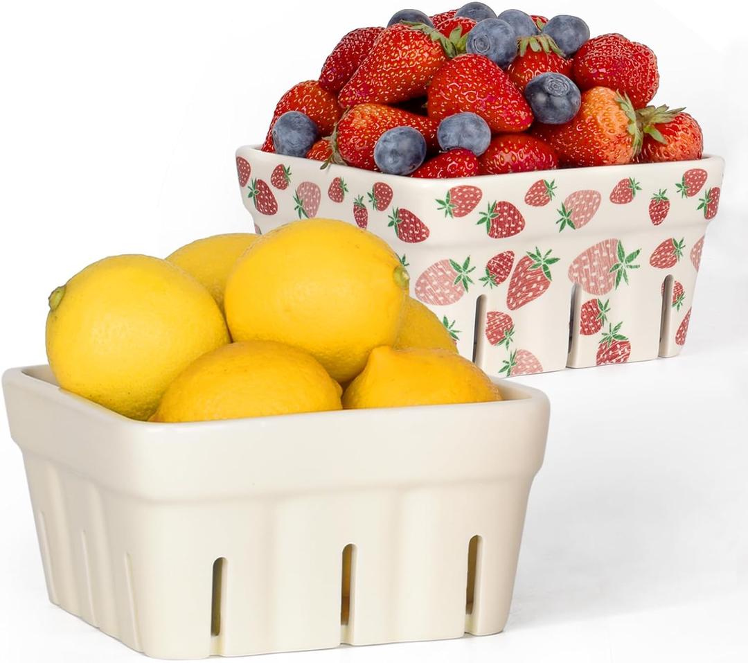 AELS Ceramic Berry Basket, 5.9" Container for Fruit & Vegetables, Farmhouse Fruit Bowl, Strawberry Decor, Farmers Market, White Pink and Cute Strawberry Pattern, Stoneware Harvest Bowls for Kitchen