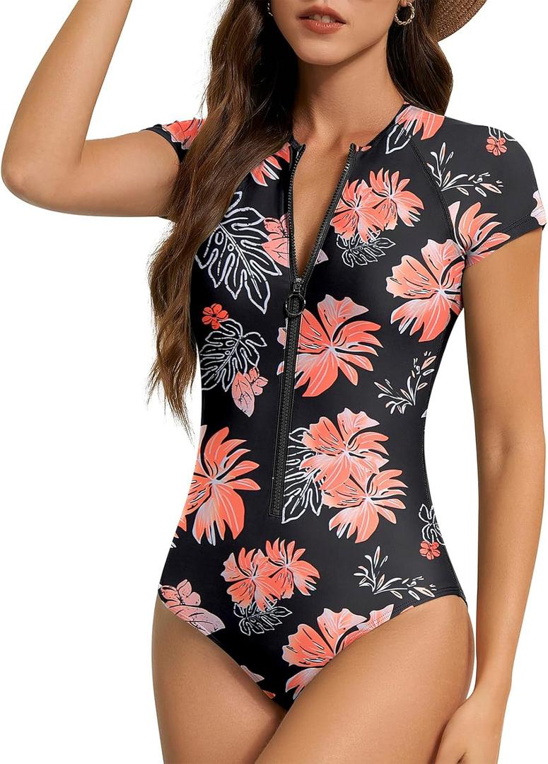 American Trends Womens Short Sleeve One Piece Swimsuits 2025 Modest Rash Guard, Zip Up High Neck Full Coverage Bathing Suits (Large, Pink Floral) American Trends Womens Short Sleeve One Piece Swimsuits 2025 Modest Rash Guard, Zip Up High Neck Full Coverage Bathing Suits (Large, Pink Floral)