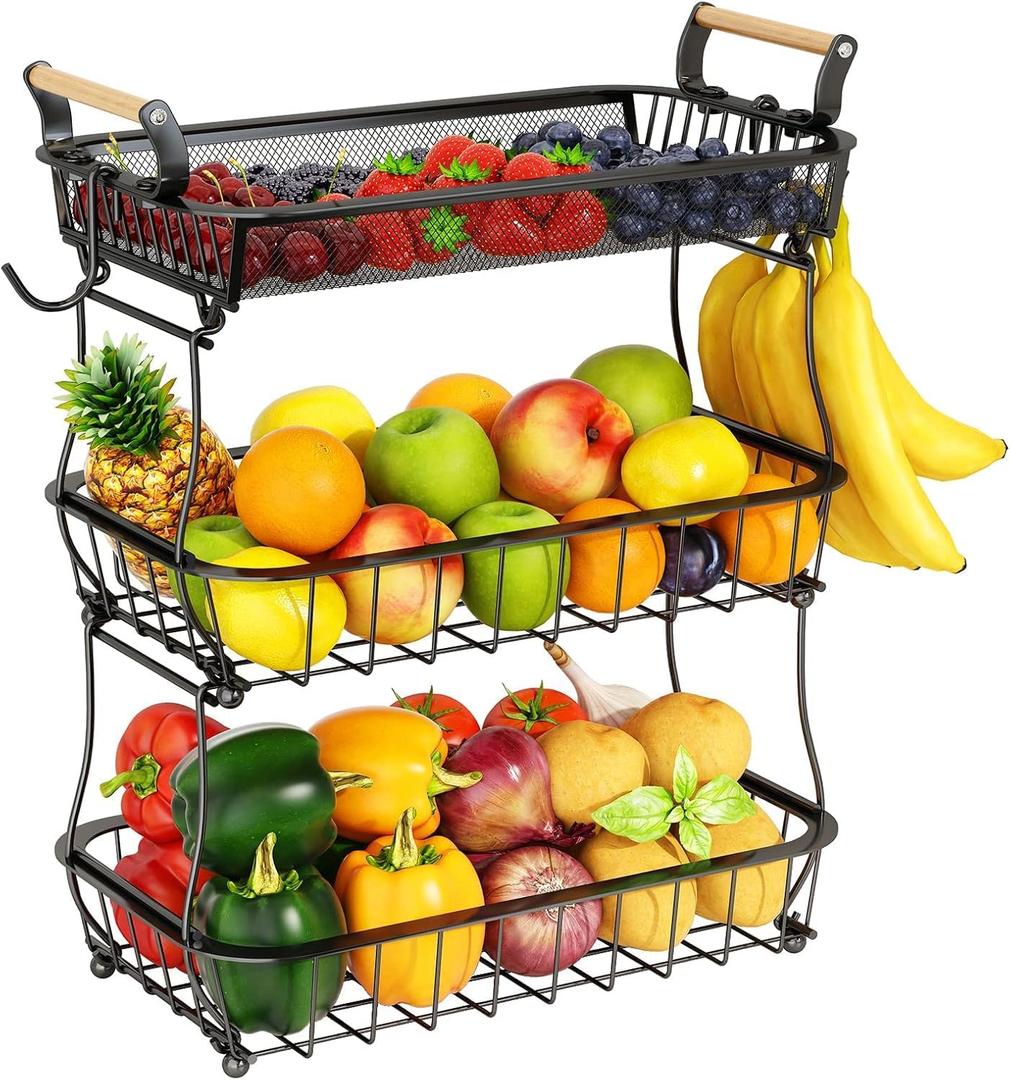 3 Tier Fruit Basket Bowl with 2 Banana Hangers for Kitchen Counter, Vegetable Countertop Produce Storage Holder, Large Capacity Metal Wire Fruits Stand Organizer for Onion Potato Bread Snack, Black