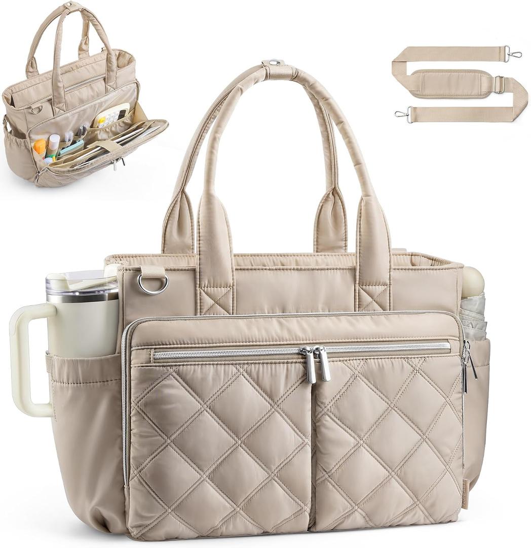 TOPEAST Teacher Tote Bag for Women, Lightweight Laptop Work Bag Quilted Travel Handbag with Cup Holder for Nurse Student