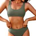 AI'MAGE Women Ribbed Bikini Sets Sporty Swimsuits Scoop Neck Two Piece Bathing Suits High Cut Bikini M