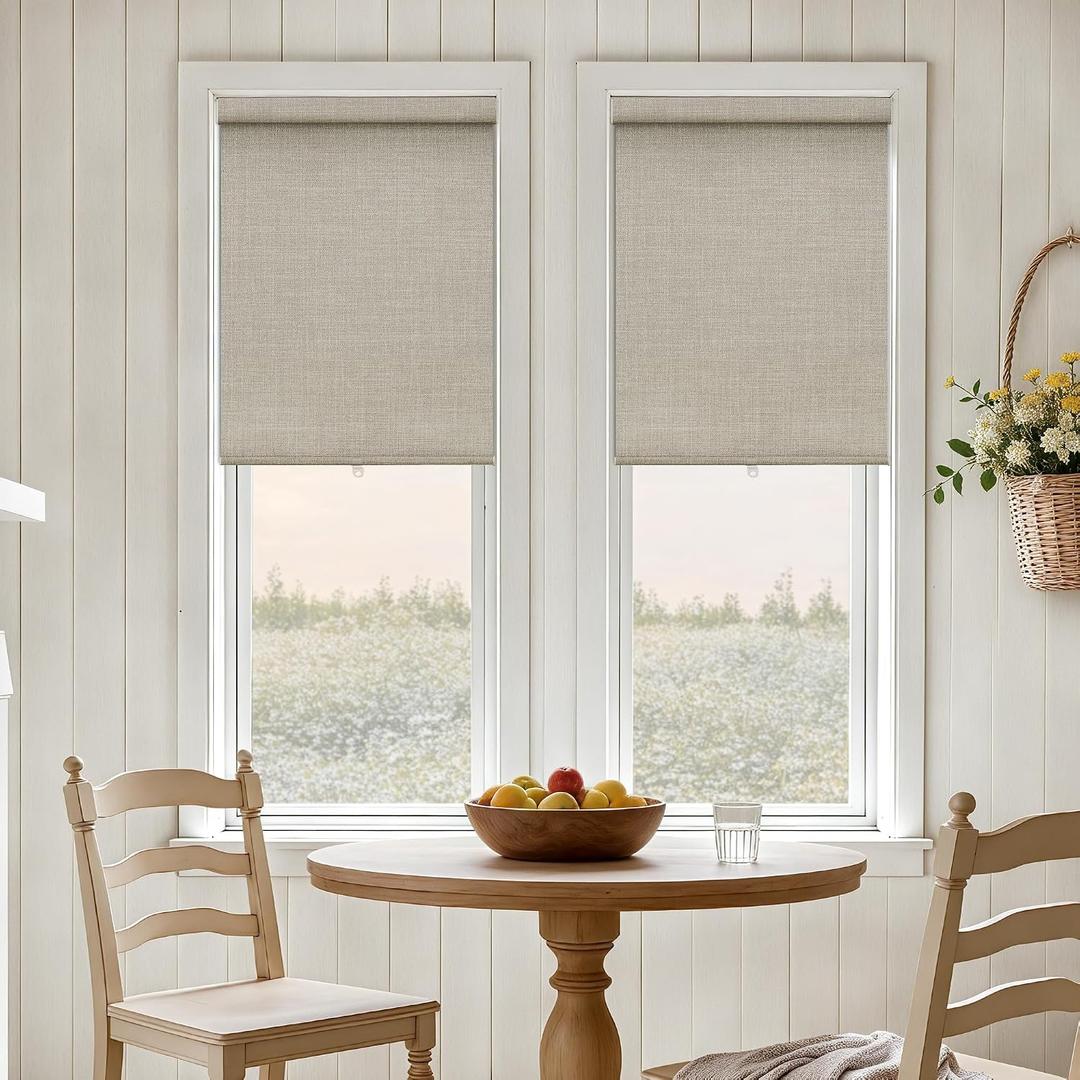 Cordless Roller Shades Blackout Blinds for French Door Room Darkening Rolled Up Shades with Linen Valance, UV Protection Narrow Window Shades Blinds for Bedroom Home and Office Beige 24" W x 72" H