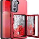 WeLoveCase for Samsung Galaxy S21 Wallet Case with Credit Card Holder & Hidden Mirror, Defender Protective Shockproof Heavy Duty Protection Phone Cover for Samsung Galaxy S21 5G, 6.2 inch Red