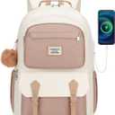 School Backpack for Teen Girls, Aesthetic Schoolbag for Middle School High School, Cute Laptop Bookbag for College Women Students Mochilas Nias, Khaki Beige (15.6in)
