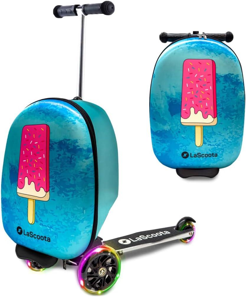 Lascoota Scooter Suitcase - Foldable 2-in-1 Luggage - LED Light Wheels & Lightweight Carry Luggage - Overhead-Ready Carry Suitcase for Kids - Ice Cream, 17.3 x 12.4 x 8.7 in