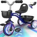 Toddler Tricycle for 2-4 Year Olds, Toddler Toys Baby Bike, Toys for Ages 2-4, 3-Level Adjustable Seat, Colorful Lighting Wheels (Blue)