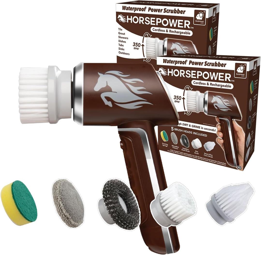 HorsePower Scrubber 2 Pack, AS-SEEN-ON-TV Waterproof Rechargeable Handheld 350 RPM Includes 5 Brush Heads, Blast Away Dirt & Grime, Tile Grout, Bathrooms, Kitchen, Auto Rims, Outdoor Furniture