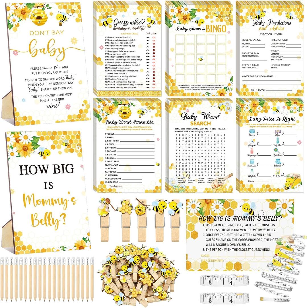 Funnymoom 426 Pcs Bee Baby Shower Games Set-8 Games, Includes Baby Shower Bingo, Price is Right, Guess Who, Word Scramble, Prediction and Advice, How Big is Mommy's Belly, Don't Say the Words