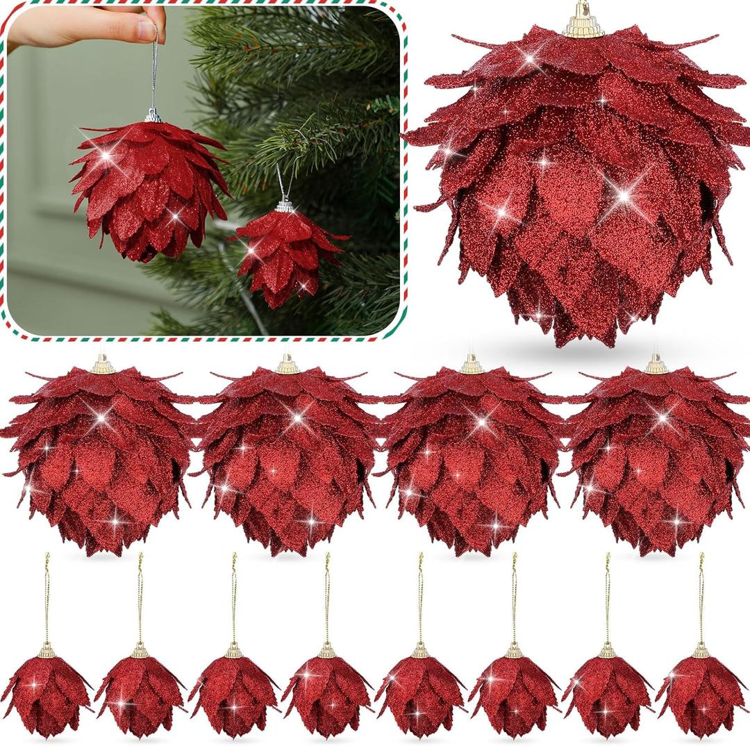 Syhood 12 Pcs Christmas Ball Ornaments Glitter Pinecone Balls Xmas Tree Decoration Hanging Pinecone Ornaments Rustic Pine Cones for Xmas Winter Party Holiday Wedding Home Decorations(Red)