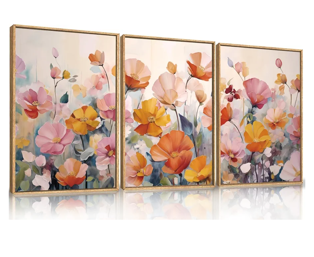 Colorful Pink Wildflowers Framed Canvas Wall Art Set,Modern Boho Floral Wall Decor,Mid Century Natural Botanical Artwork for Living Room,Bedroom,Office Decor-16 x24 x3