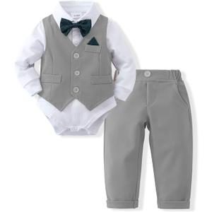 DISAUR Baby Boy Clothes Toddler Boy Outfits 4PCS Gentleman Dress Romper/Vest/Pants/Bow Tie Cotton Suit Sets (6-9 Months, Grey)