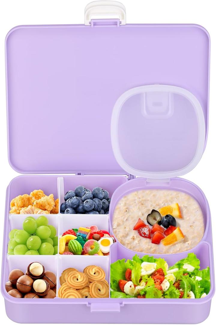 Snackle Box Container for Kids,Adjustable Compartments,Reusable Snack Containers with Lids,Easy-Open Latch,Lunch Food Containers,Dishwasher Safe,Leak-Proof Silicone Ring(1 Pack- Purple)
