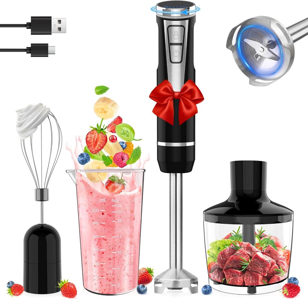 Cordless Immersion Blender Handheld, 4-in-1 Cordless Hand Blender with 500ml Chopper, 600ml Beaker & Egg Whisk, 8 Speeds, USB Rechargeable Handheld Blender Cordless  Smoothies, Baby Food (Black)