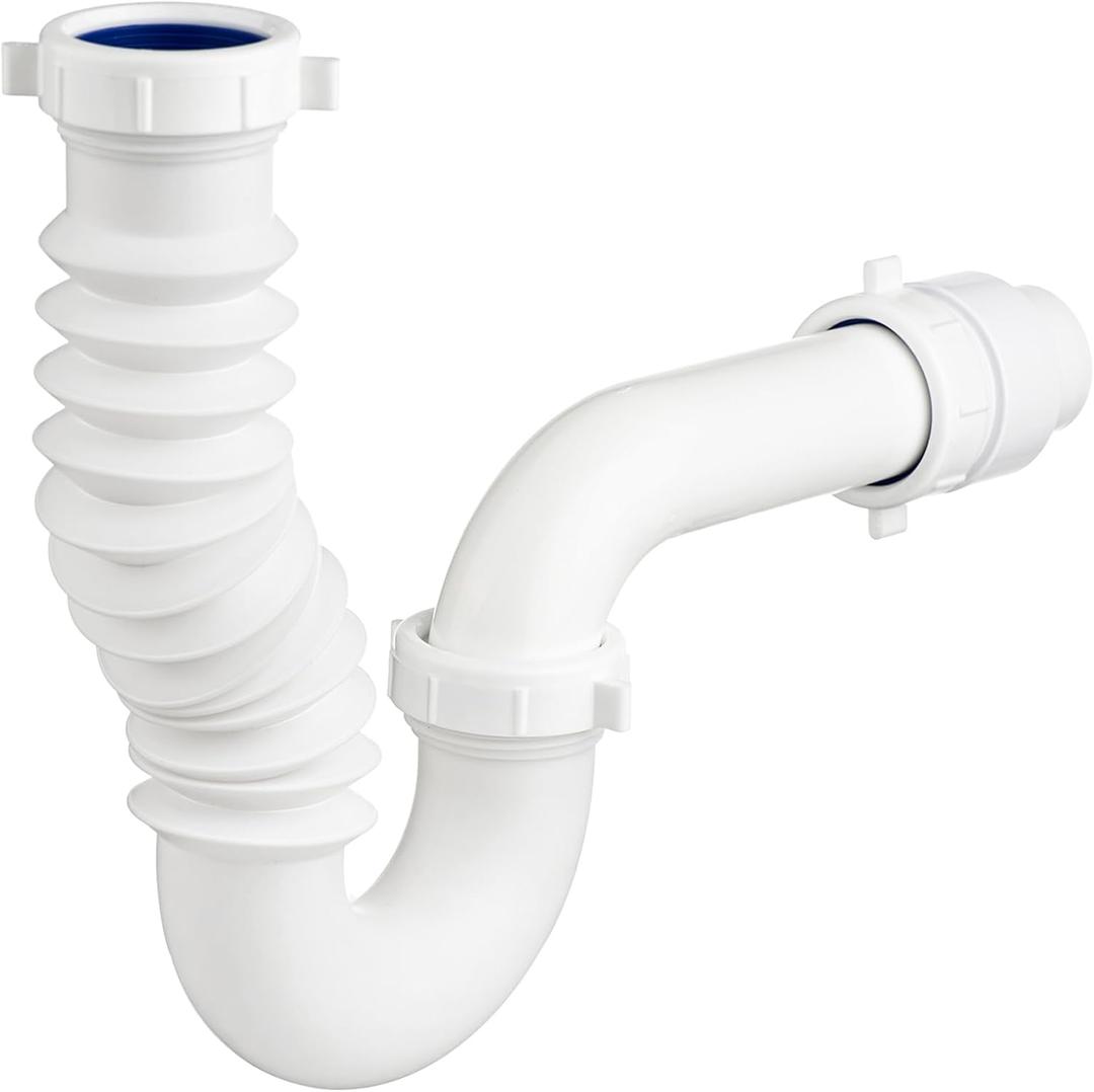(1 Pack) Yariwiz White P Trap 1 1/2 Inch for Bathroom Kitchen Sink Drain Pipe Tubular Kit with Adjustable J-bend, White Threaded Adapter and Blue TPE Washer KSD-004W