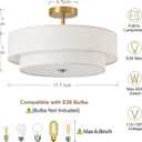17.7" Semi Flush Mount Ceiling Light Fixtures, Gold Close to Ceiling Light Fixtures with 2-Tier Drum Fabric Lamp Shade, Modern Ceiling Light Fixtures Flush Mount for Bedroom Hallway Nursery
