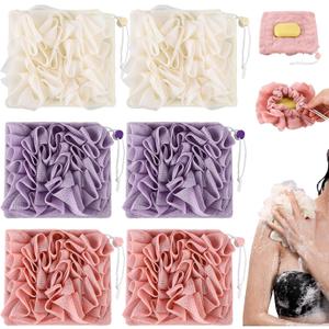 6 Pcs Washcloth Loofah Combo, 2 in 1 Bath Loofah Sponge with Drawstring, Exfoliation Mesh Shower Puff Ball for Body Wash Cleansing and Smooth Skin(Light Color)