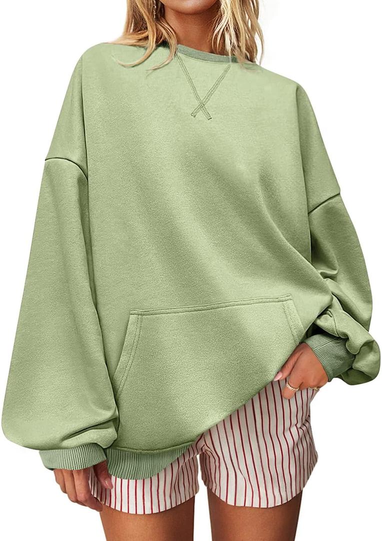 UEU Womens Striped Sweatshirt Crewneck Oversized Pullover Long Sleeve Top | Soft Cotton Blend Fabric, Front Kangaroo Pocket, Ribbed Cuffs Hem, Casual Loose Workout Clothes (Green, S)