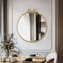 Gold Bow Metal Round Mirror -28inch Elegant Wall-Mounted Vanity Decorative Mirror for Bedroom, Bathroom, Living Room
