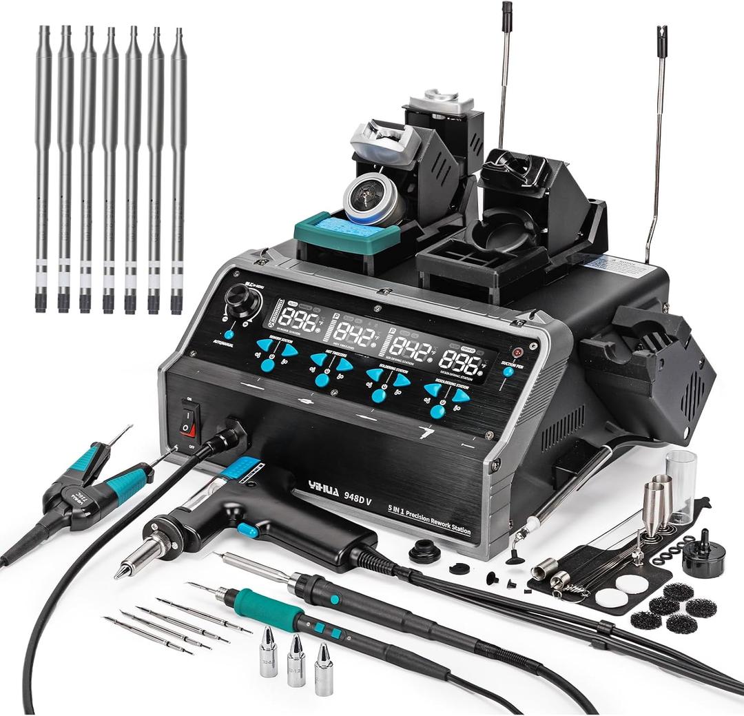 YIHUA 948D V 5-IN-1 Micro Soldering Hot Air Rework Station with C210 Microsoldering Iron, Hot Tweezers Iron, Desoldering Tool, Hot Air Pencil, Suction Pen for BGA SMD Rework Under the Microscope