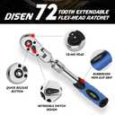 DISEN 3/8" Drive Extendable Ratchet,72-Tooth Flex-Head Ratchet Wrench with Quick Release LockingSoft-Grip with Reversible Switch,Full-Polished Chrome Plating