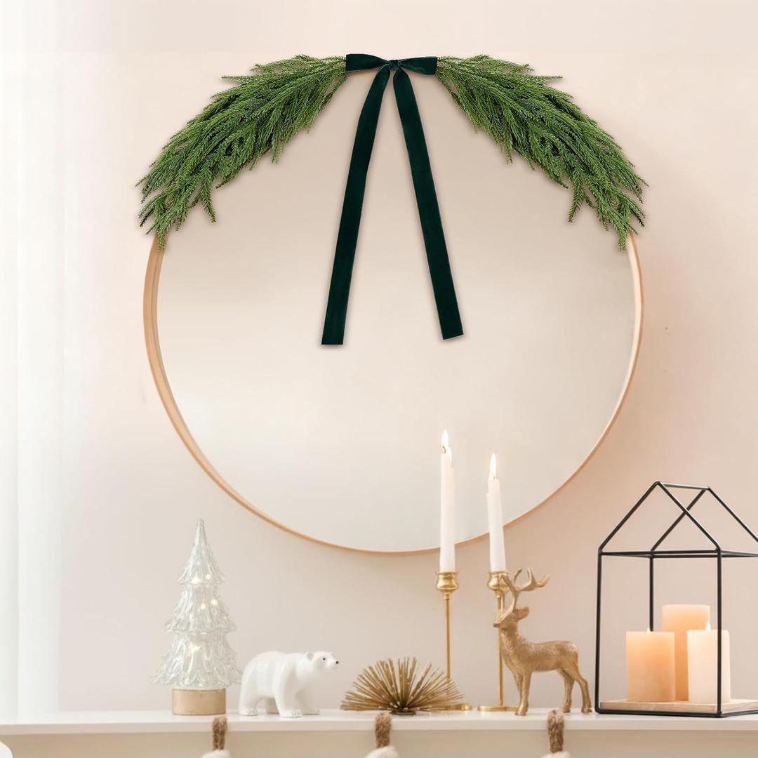 2.6ft Christmas Mirror Garland Artificial Norfolk Pine Swag for Mirror with Velvet Bow Faux Greenery Garlands Christmas Wreath for Xmas Home Door Mailbox Indoor Fireplace Decor(Dark Green)