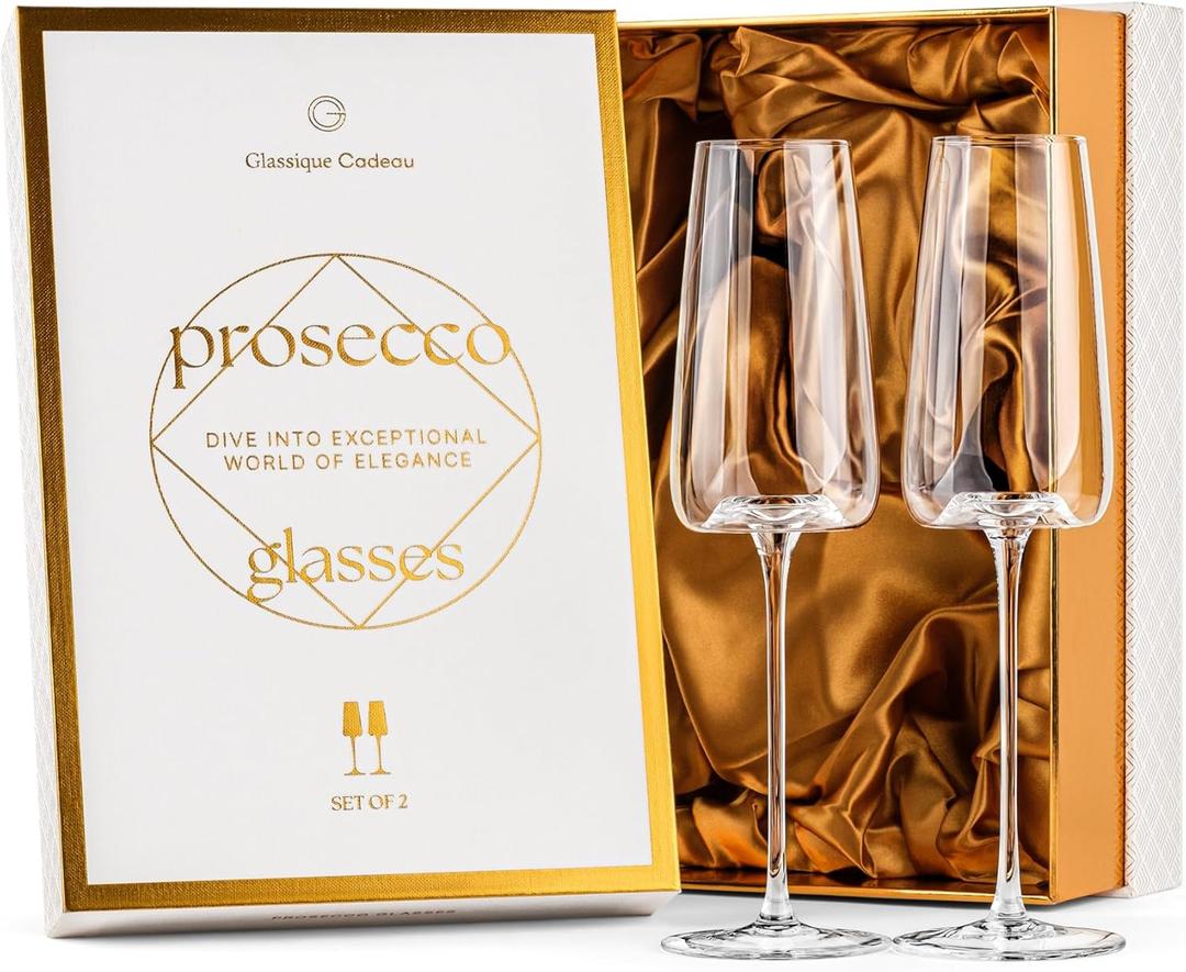 GLASSIQUE CADEAU Crystal Prosecco, Cava and Champagne Cocktail Glasses | Set of 2 | Long Stemmed Flutes for Mimosa, Bellini, Hugo, Sparkling Wine | Elegant Gift Glassware for Her Birthday, Anniversary