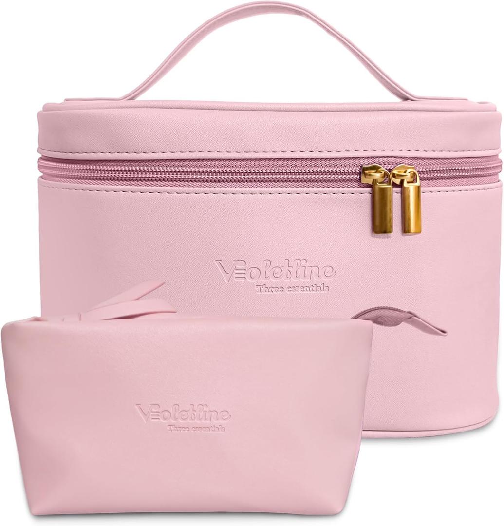 Travel Cosmetic Bag for Women, PU Leather Cosmetic Bag Set of 2, Waterproof, Large Makeup Bag with Handle (Light pink makeup bag)