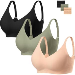 habibee Bra for Women No Underwire Comfort Seamless Bras Push Up Wireless Bras Full Coverage Bralettes, Bra Extender (Large, Black+nude+green)