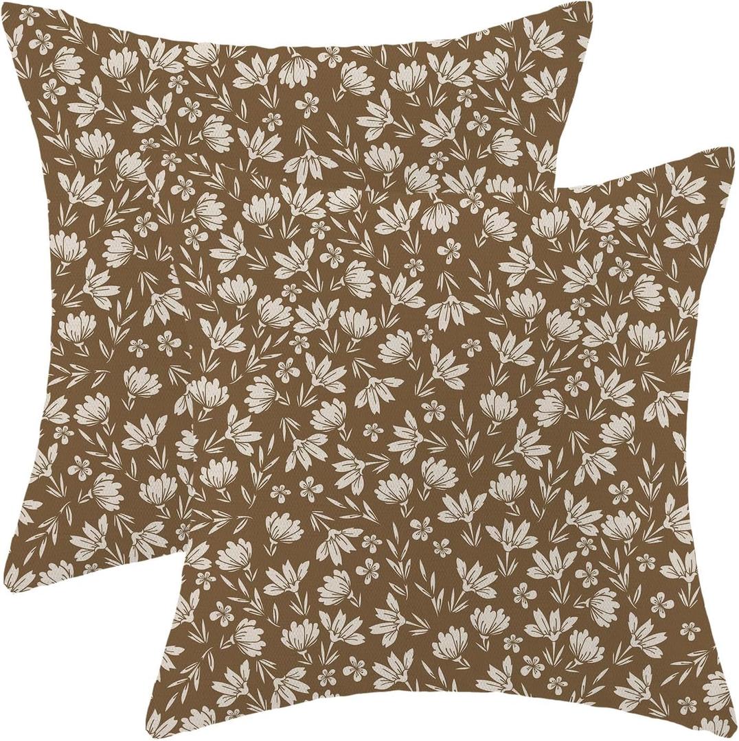 CXMEIFLY Brown Cream Pillow Covers 18 x 18 Inch Set of 2 Spring Daisy Floral Decor Throw Pillows Vintage Flower Summer Outdoor Seasonal Linen Farmhouse Decorative Pillowcases for Couch Bed Sofa
