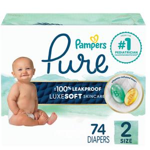 Pampers Pure Baby Diapers, Size 2 (12-18 lbs), 74