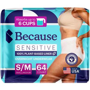 Because Adult Incontinence Underwear for Sensitive Skin - Women - Premium Overnight Disposable Briefs, Anti Odor - White, Small/Medium - Absorbs 6 Cups - 64 Count (4 Packs of 16)
