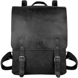 LXY Vegan Leather Backpack Vintage Laptop Bookbag for Women Men, Black Faux Leather Backpack Purse Bookbag Weekend Travel Daypack