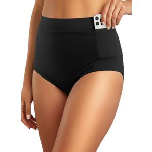 Tempt Me Women's High Waisted Bikini Bottom Full Coverage Tummy Control Swimsuit Bottom with Pockets (Black, XS)