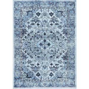 GarveeHome Entryway Runner Rug Washable Vintage Low Pile Lightweight Stain Resistant Carpet for Kitchen Bedroom Non-Slip Soft Thin Floor Mat for Bathroom Blue 10 * 13 ft