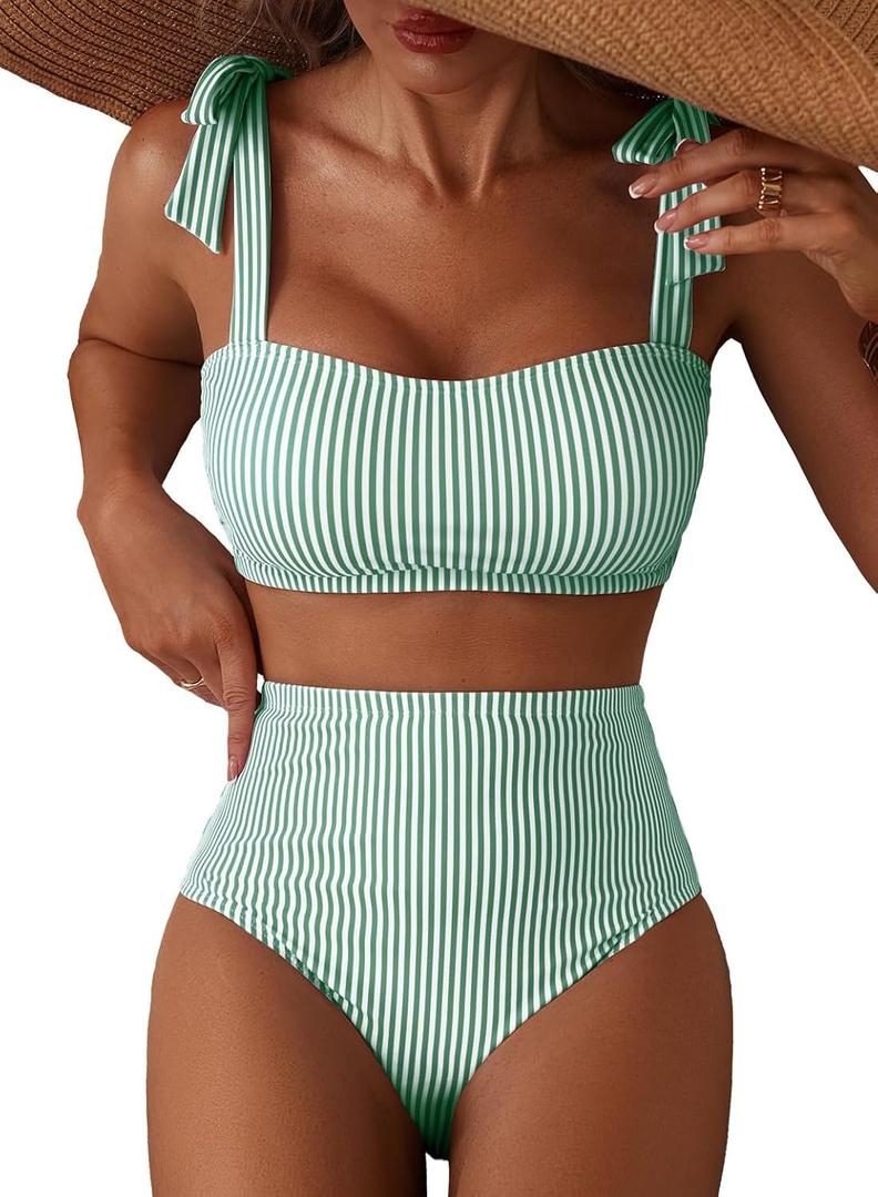 Herseas Women's Tie Shoulder Bikini Sets 2 Piece Striped Swimsuits High Waisted Bathing Suits (Medium)
