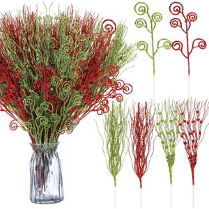 Tigeen 48 Pcs Christmas Tree Picks Decorations 17'' 12'' Red Green Christmas Tree Topper Artificial Glitter Curly Berry Stems Fake Candy Picks Ornaments Branches for Xmas Home Craft Vase Filler Decor