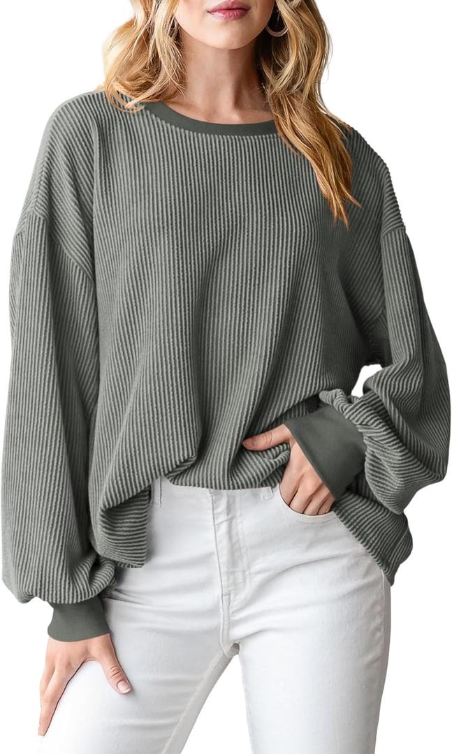 PRETTYGARDEN Womens Long Sleeve Tops 2025 Fall Fashion Shirts Trendy Clothes Casual Loose Crewneck Ribbed Knit Tunic Blouse (S)