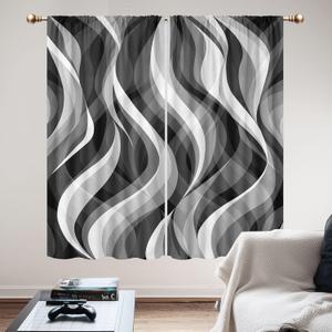 Black and White Modern Curtains for Living Room, Black and Grey Dark Gray Modern Abstract 42Wx63H Inch Rod Pocket Ombre Wavy Line Art for Mens 2 Panel Window Treatment Set for Bedroom Decor
