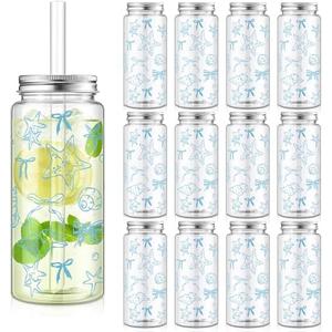 Vesici 12 Pack Beach Plastic Cups with Lid and Straw 13.5 oz Ocean Party Cup Clear Reusable Plastic Tumblers Bulk Blue Seashell Ocean Cold Drink Last Toast on The Coast for Summer Party Birthday