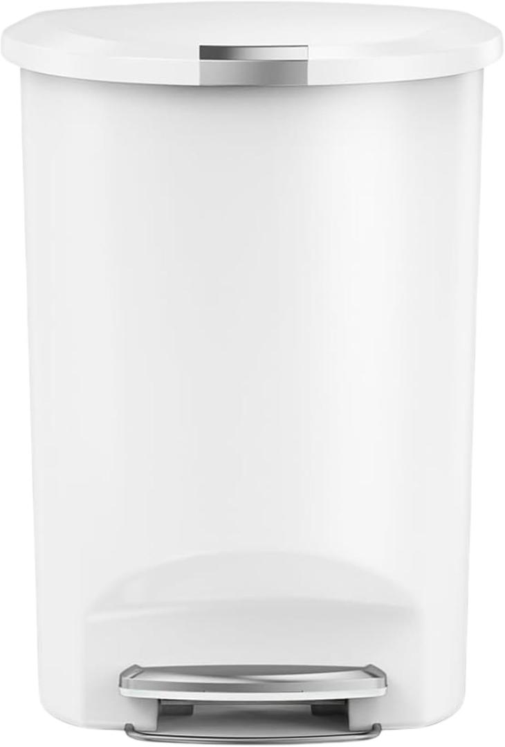 simplehuman 50 Liter Semi-Round Hands-Free Kitchen Step Soft-Close Lid Trash Can, White